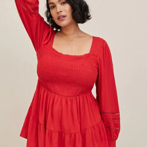 Torrid Dark Red Babydoll Rayon Slub With Lace Inset Smocked Tiered Top in Size 4